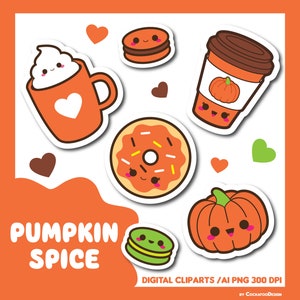 Pode incluir: Um conjunto de imagens de clipart digital com tema de especiarias de abóbora. As imagens incluem uma xícara de café com chantilly, um donut com granulado, uma abóbora, um biscoito e uma xícara de café com um design de abóbora. O texto "Pumpkin Spice" está incluído na imagem.