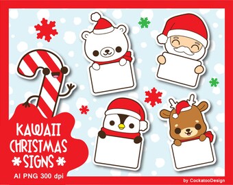 Christmas candy clipart, Christmas bear clipart, Christmas clipart, Santa Claus clipart, cute penguin clipart, holding sign clipart, kawaii
