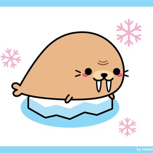 May include: A cartoon walrus with large tusks sits on a blue ice floe. The walrus has brown fur, pink cheeks, and black eyes. There are pink snowflakes in the background.