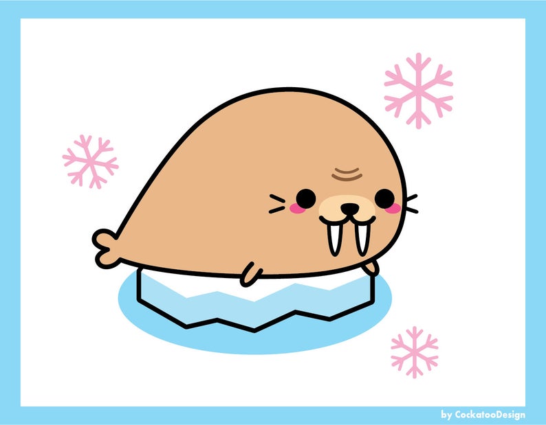 May include: A cartoon walrus with large tusks sits on a blue ice floe. The walrus has brown fur, pink cheeks, and black eyes. There are pink snowflakes in the background.