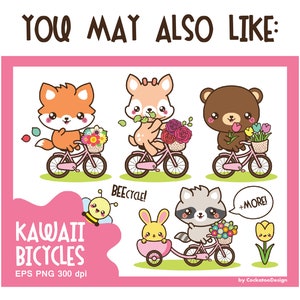May include: Kawaii bicycles with animal characters. A fox, deer, bear, raccoon, and bunny ride pink bicycles with flowers. The text "Kawaii Bicycles" and "BeeCycle!" and "+More!" are included in the image.