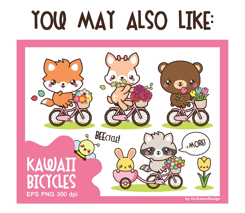 May include: Kawaii bicycles with animal characters. A fox, deer, bear, raccoon, and bunny ride pink bicycles with flowers. The text "Kawaii Bicycles" and "BeeCycle!" and "+More!" are included in the image.