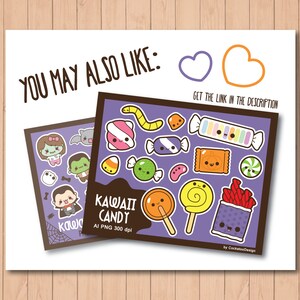 May include: A digital download of Kawaii Candy stickers featuring a variety of cute candy designs, including lollipops, gummy worms, and candy corn. The stickers are perfect for adding a touch of fun to your projects.
