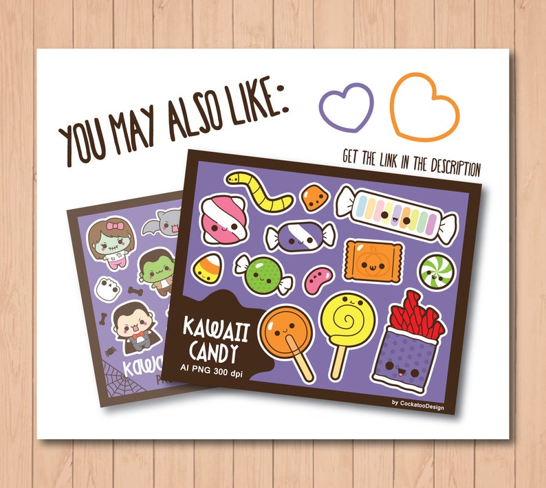 May include: A digital download of Kawaii Candy stickers featuring a variety of cute candy designs, including lollipops, gummy worms, and candy corn. The stickers are perfect for adding a touch of fun to your projects.
