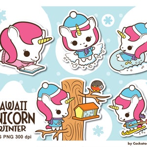 May include: Five illustrations of cute pink and white unicorns wearing winter clothing. One unicorn is reading a book, one is skiing, one is sledding, one is standing on a tree branch, and one is standing next to a bird feeder. The text "Kawaii Unicorn Winter EPS PNG 300 dpi" is at the bottom of the image.