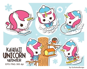 Unicorn clipart, kawaii unicorn clipart, cute unicorn clipart, unicorn snow clipart, unicorn winter clipart, Commercial Use