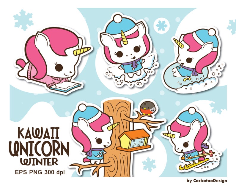 May include: Five illustrations of cute pink and white unicorns wearing winter clothing. One unicorn is reading a book, one is skiing, one is sledding, one is standing on a tree branch, and one is standing next to a bird feeder. The text "Kawaii Unicorn Winter EPS PNG 300 dpi" is at the bottom of the image.