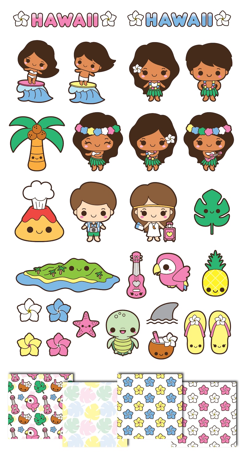 Kawaii Hawaii clipart, Hawaiian party clipart, hula dancer clip art, kawaii surfing clipart, vacation clip art, kawaii clip art image 2