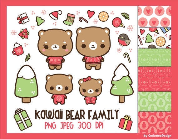 Christmas bear clipart, christmas family clipart, christmas forest clipart, kawaii christmas clipart, Christmas digital papers, cute animals Il_570xn