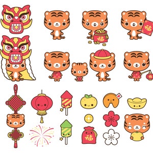 Chinese new year clipart, new year tiger clipart, Lunar new year clipart, kawaii tiger clipart, chinese tiger clipart, china girl clipart image 2