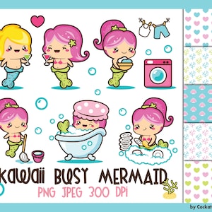 Puede incluir: Un conjunto de ilustraciones digitales que presentan sirenas kawaii en varias actividades, incluyendo la limpieza, el ba&ntilde;o y la relajaci&oacute;n. Las ilustraciones son de estilo de dibujos animados y presentan colores brillantes, como el rosa, el azul y el verde. El texto "Kawaii Busy Mermaid" est&aacute; incluido en la imagen.