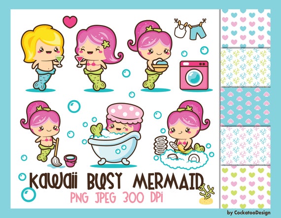 Mermaid clipart, kawaii mermaid clipart, mermaid clip art, cute mermaid clipart, clipart mermaid, kawaii mermaid art, digital paper