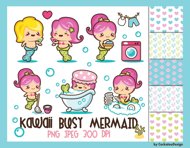 Puede incluir: Un conjunto de ilustraciones digitales que presentan sirenas kawaii en varias actividades, incluyendo la limpieza, el ba&ntilde;o y la relajaci&oacute;n. Las ilustraciones son de estilo de dibujos animados y presentan colores brillantes, como el rosa, el azul y el verde. El texto "Kawaii Busy Mermaid" est&aacute; incluido en la imagen.