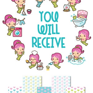 Puede incluir: Un conjunto de clipart digital con sirenas rosas realizando diferentes actividades, como limpiar, cocinar, hacer jardiner&iacute;a y relajarse. El clipart incluye el texto "You Will Receive" y cuatro patrones diferentes: corazones, conchas y corales.