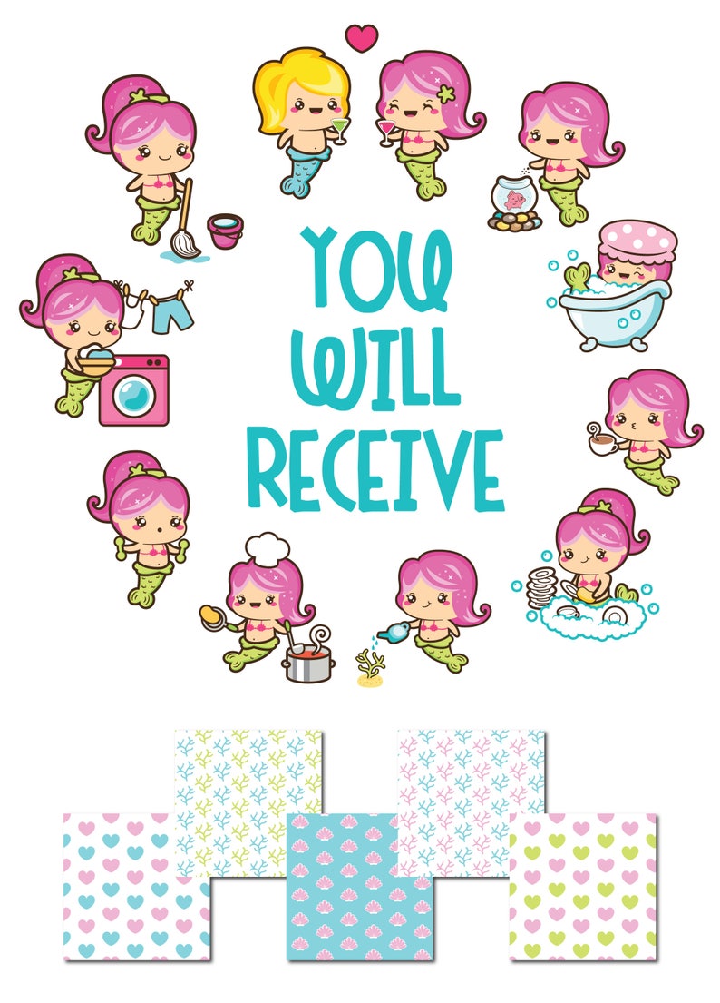 Puede incluir: Un conjunto de clipart digital con sirenas rosas realizando diferentes actividades, como limpiar, cocinar, hacer jardiner&iacute;a y relajarse. El clipart incluye el texto "You Will Receive" y cuatro patrones diferentes: corazones, conchas y corales.