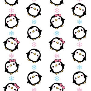 May include: A seamless pattern featuring cartoon penguins with pink bows and snowflakes. The penguins are black and white with orange beaks and black eyes. The snowflakes are blue.