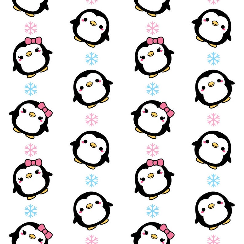 May include: A seamless pattern featuring cartoon penguins with pink bows and snowflakes. The penguins are black and white with orange beaks and black eyes. The snowflakes are blue.