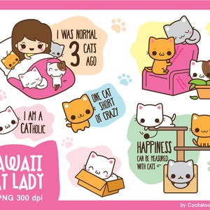 Kawaii cat clipart, cute cat clip art, kawaii cat lady clipart, funny cat clip art, sleeping cat clipart, cat in a box clip art, kawaii cat