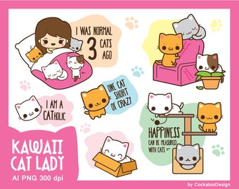 Kawaii cat clipart, cute cat clip art, kawaii cat lady clipart, funny cat clip art, sleeping cat clipart, cat in a box clip art, kawaii cat