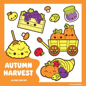 Kawaii fall clipart, kawaii autumn clipart, kawaii harvest clipart, kawaii pumpkin clipart, kawaii food clipart, kawaii hay clipart, pickles