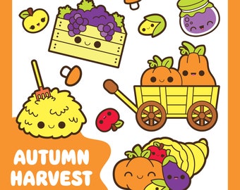 Kawaii fall clipart, kawaii autumn clipart, kawaii harvest clipart, kawaii pumpkin clipart, kawaii food clipart, kawaii hay clipart, pickles