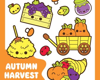 Kawaii fall clipart, kawaii autumn clipart, kawaii harvest clipart, kawaii pumpkin clipart, kawaii food clipart, kawaii hay clipart, pickles
