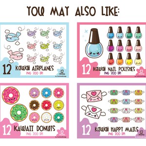 Puede incluir: Un conjunto de 12 im&aacute;genes de clipart digital con dise&ntilde;os kawaii lindos. El conjunto incluye aviones, esmaltes de u&ntilde;as, donas y sobres de correo. Cada imagen es de 300 DPI y est&aacute; disponible en formato PNG.