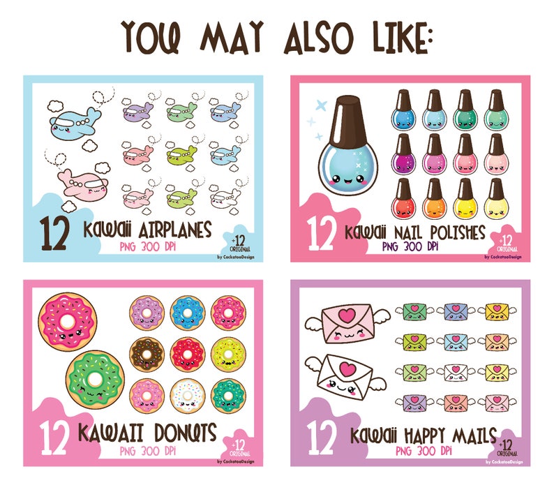 Puede incluir: Un conjunto de 12 im&aacute;genes de clipart digital con dise&ntilde;os kawaii lindos. El conjunto incluye aviones, esmaltes de u&ntilde;as, donas y sobres de correo. Cada imagen es de 300 DPI y est&aacute; disponible en formato PNG.