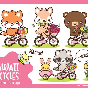 Kawaii woodland animals clipart, woodland clipart, cute animals clipart, riding bicycle clip art, bike clip art, spring clip art