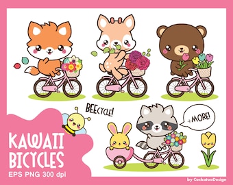 Kawaii woodland animals clipart, woodland clipart, cute animals clipart, riding bicycle clip art, bike clip art, spring clip art