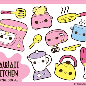 Kawaii clipart de cocina, kawaii cooking clip art, lindo sin isla clipart, kawaii baking clipart, herramientas de cocina, accesorios de cocina, mezclador lindo