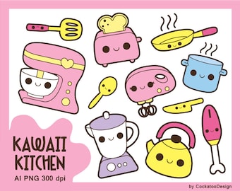 Kawaii clipart de cocina, kawaii cooking clip art, lindo sin isla clipart, kawaii baking clipart, herramientas de cocina, accesorios de cocina, mezclador lindo