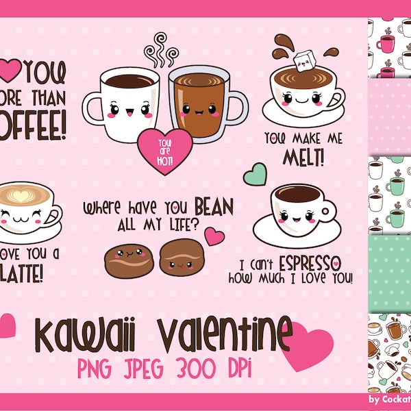 Valentine clip art, kawaii clip art, kawaii clipart, kawaii coffee clip art, kawaii love clipart, cute clip art, Commercial Use