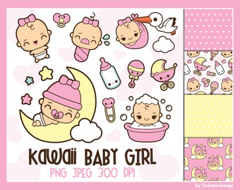 Kawaii baby clipart, baby girl clipart, cute baby girl clipart, kawaii baby clip art, sleeping baby clipart, baby digital papers, newborn