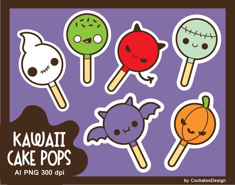 May include: Set of 7 Halloween-themed cake pops with cute cartoon faces. The cake pops are decorated as a ghost, a pumpkin, a vampire bat, a zombie, a devil, and two green monsters. The cake pops are on white sticks and have a purple background.