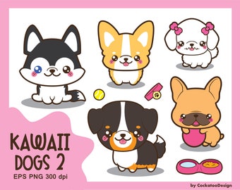 May include: A set of five cute cartoon dogs in various poses. The dogs are all different breeds and have different expressions. The dogs are all drawn in a kawaii style, with big eyes and small mouths. The set includes a husky, a corgi, a poodle, a french bulldog, and a bernese mountain dog. The dogs are all on a white background.
