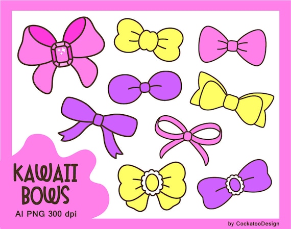 Kawaii Bows Clipart, Cute Bows, Pink Bow, Yellow Bow, Purple Bow