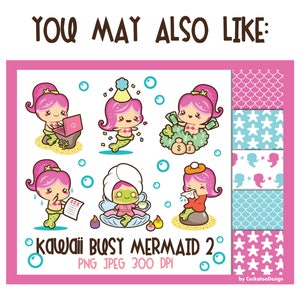 Puede incluir: Conjunto de ocho ilustraciones digitales con personajes de sirenas kawaii en varias poses. Las sirenas son rosas con cabello rosa y visten diferentes atuendos. Las ilustraciones est&aacute;n en formato PNG y JPEG y tienen una resoluci&oacute;n de 300 DPI. El texto "Kawaii Busy Mermaid 2" est&aacute; en la parte inferior de la imagen.