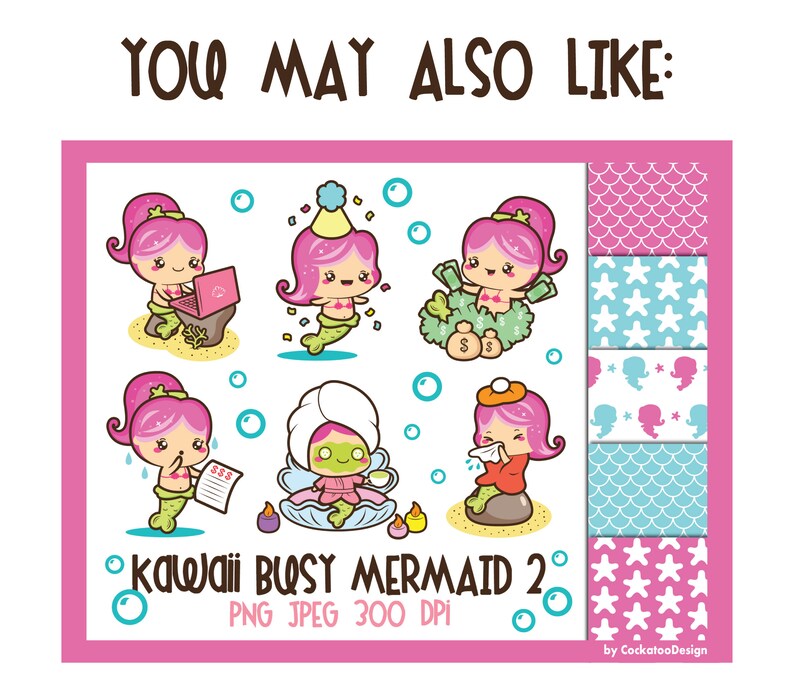 Puede incluir: Conjunto de ocho ilustraciones digitales con personajes de sirenas kawaii en varias poses. Las sirenas son rosas con cabello rosa y visten diferentes atuendos. Las ilustraciones est&aacute;n en formato PNG y JPEG y tienen una resoluci&oacute;n de 300 DPI. El texto "Kawaii Busy Mermaid 2" est&aacute; en la parte inferior de la imagen.