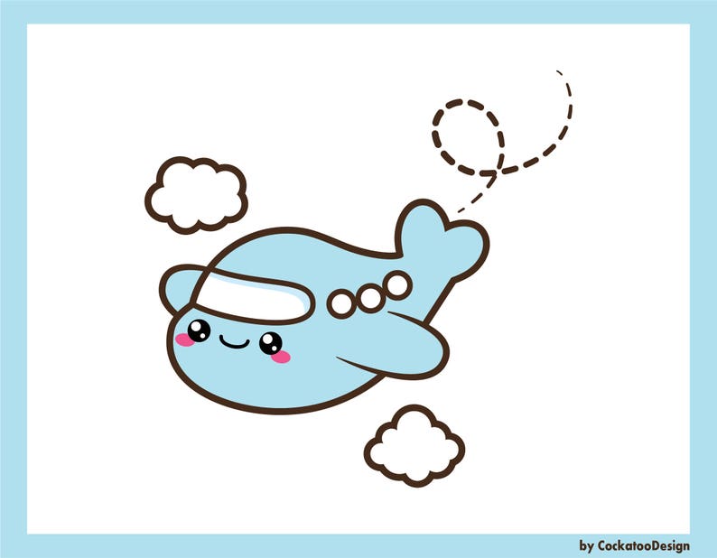 May include: A cartoon illustration of a light blue airplane with a smiling face, flying through the clouds. The airplane has a white window and three small white circles on the side.