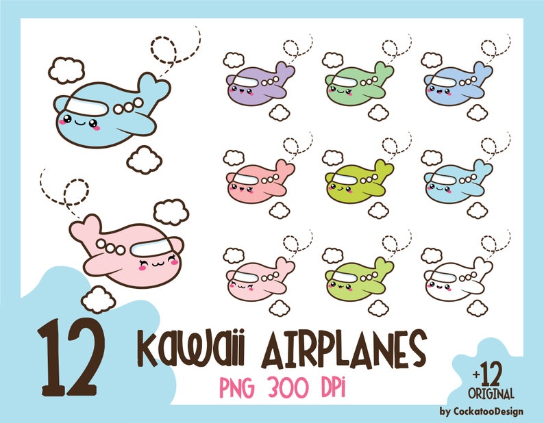 May include: Twelve kawaii airplane illustrations in various colors, including pink, blue, green, and white. Each airplane has a cute face and is flying with a dotted line trail behind it. The text "12 kawaii airplanes PNG 300 DPI" is at the bottom of the image.