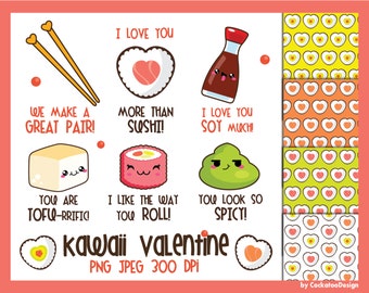 Kawaii clipart, sushi clipart, kawaii valentine clipart, sushi clip art, valentine digital paper, kawaii clip art, Commercial Use