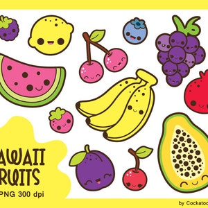 Kawaii Früchte Clipart, süße Früchte Clip Art, Kawaii Essen Clipart, Kawaii Wassermelone Clipart, süße Banane Clipart, Papaya, Feigen Clipart, Pflaume