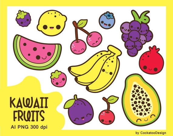 Kawaii fruits clipart, cute fruits clip art, kawaii food clipart, kawaii watermelon clipart, cute banana clipart, papaya, fig clipart, plum Il_570xn