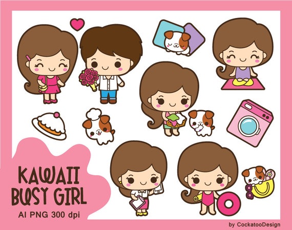 Kawaii girl clip art, cute girl clipart, kawaii girl clipart, chores clipart, kawaii dog clip art, cute dog clipart, yoga girl clipart Il_570xn