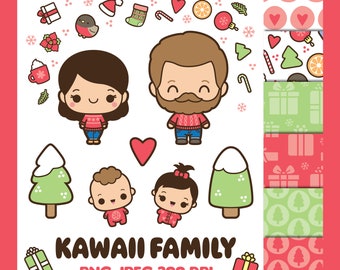 Christmas family clipart, winter family clipart, cute christmas clipart, kawaii christmas clipart, christmas mom, Christmas digital papers