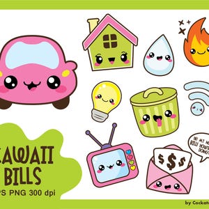 Kawaii clip art, bill due clipart, kawaii clipart, car clipart, bill clip art, garbage clip art, house clip art, Commercial use