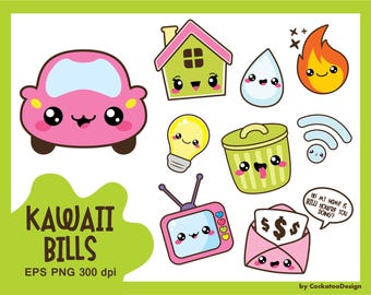 Kawaii clip art, bill due clipart, kawaii clipart, car clipart, bill clip art, garbage clip art, house clip art, Commercial use