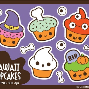 May include: Set of five Halloween themed cupcake illustrations. The cupcakes are decorated with a witch's hat, a bone, a ghost, an eyeball, and a tombstone with a pumpkin. The cupcakes have cute faces and are drawn in a kawaii style.