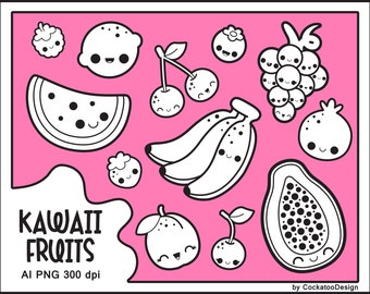Digital stamps, fruit digital stamp, kawaii fruit clipart, kawaii watermelon clipart, cute banana clipart, papaya, fig clipart, plum clipart